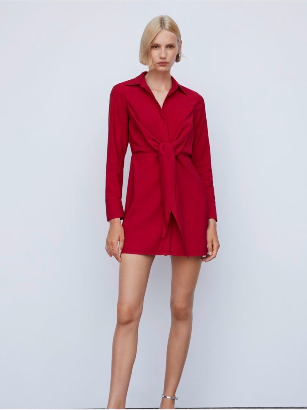 Mango Red Long-Sleeve Tie-Front Mini Dress